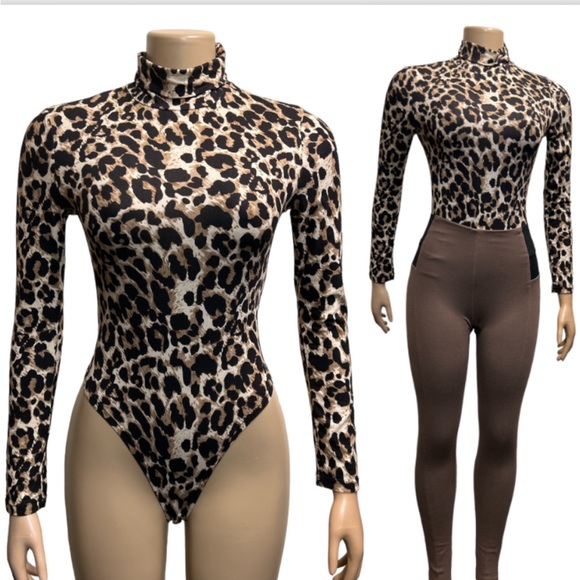 Leopard Print Bodysuit Turtleneck Long Sleeve full bottom brown tan,black size L - Picture 13 of 17